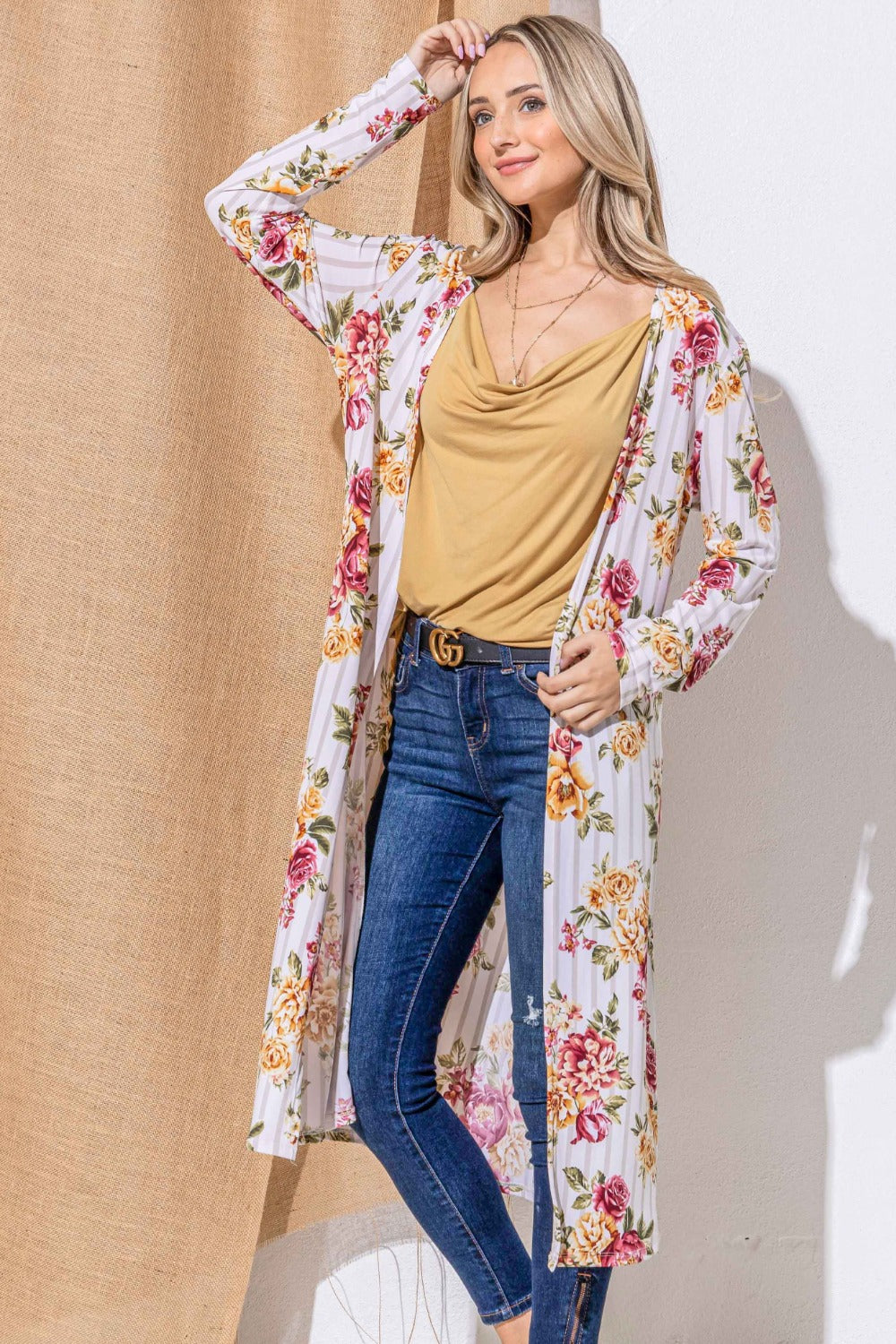 Floral Kimono Open Front Longline Cardigan