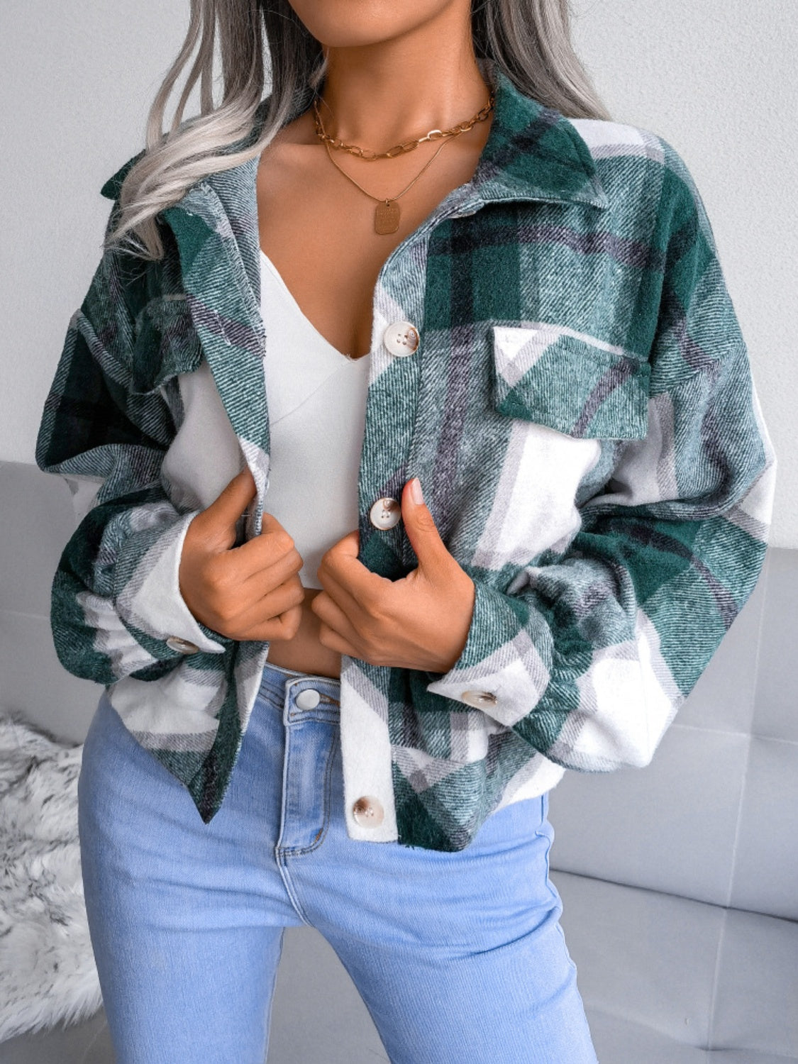 Plaid Collared Neck Long Sleeve Jacket