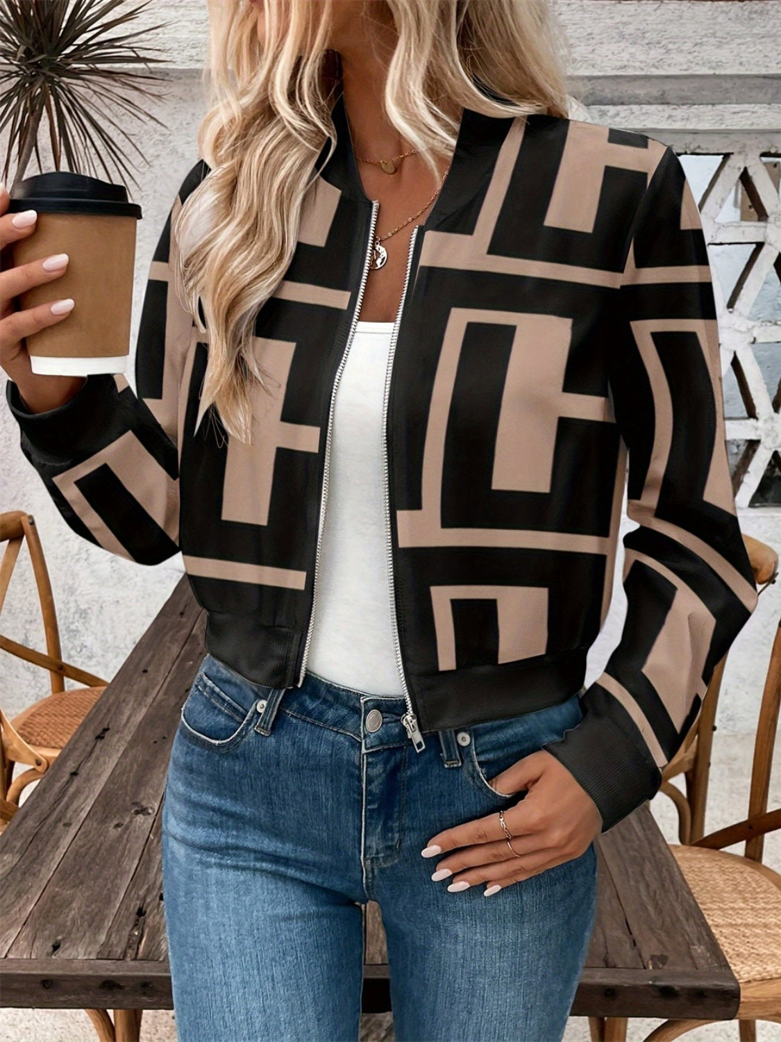 Geometric Baseball Collar Zip Up Jacket