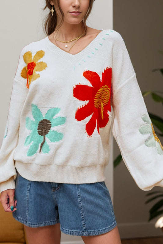 Flower V-Neck Dropped Shoulder Sweater