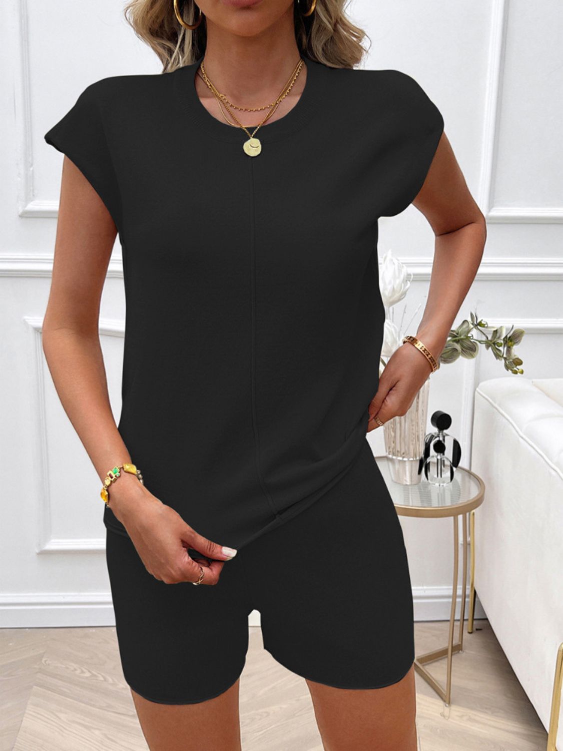 Devine Round Neck Cap Sleeve Top and Shorts Sweater Set