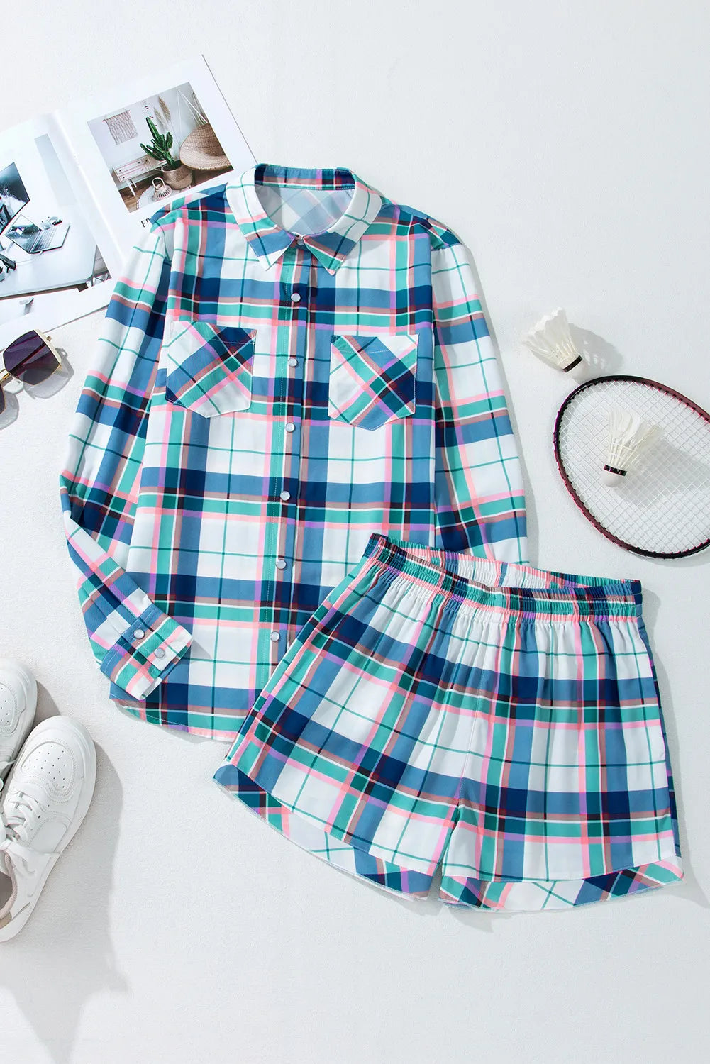 Plaid Snap Down Long Sleeve Top and Shorts Lounge Set